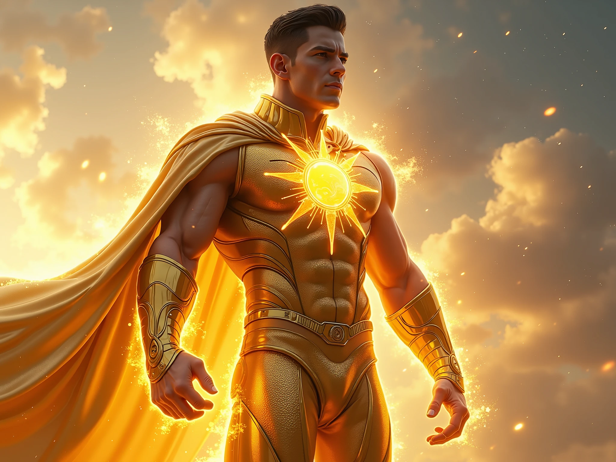male superhero with the power of sun with golden green Marron colour costume with round chest logo feeling tired