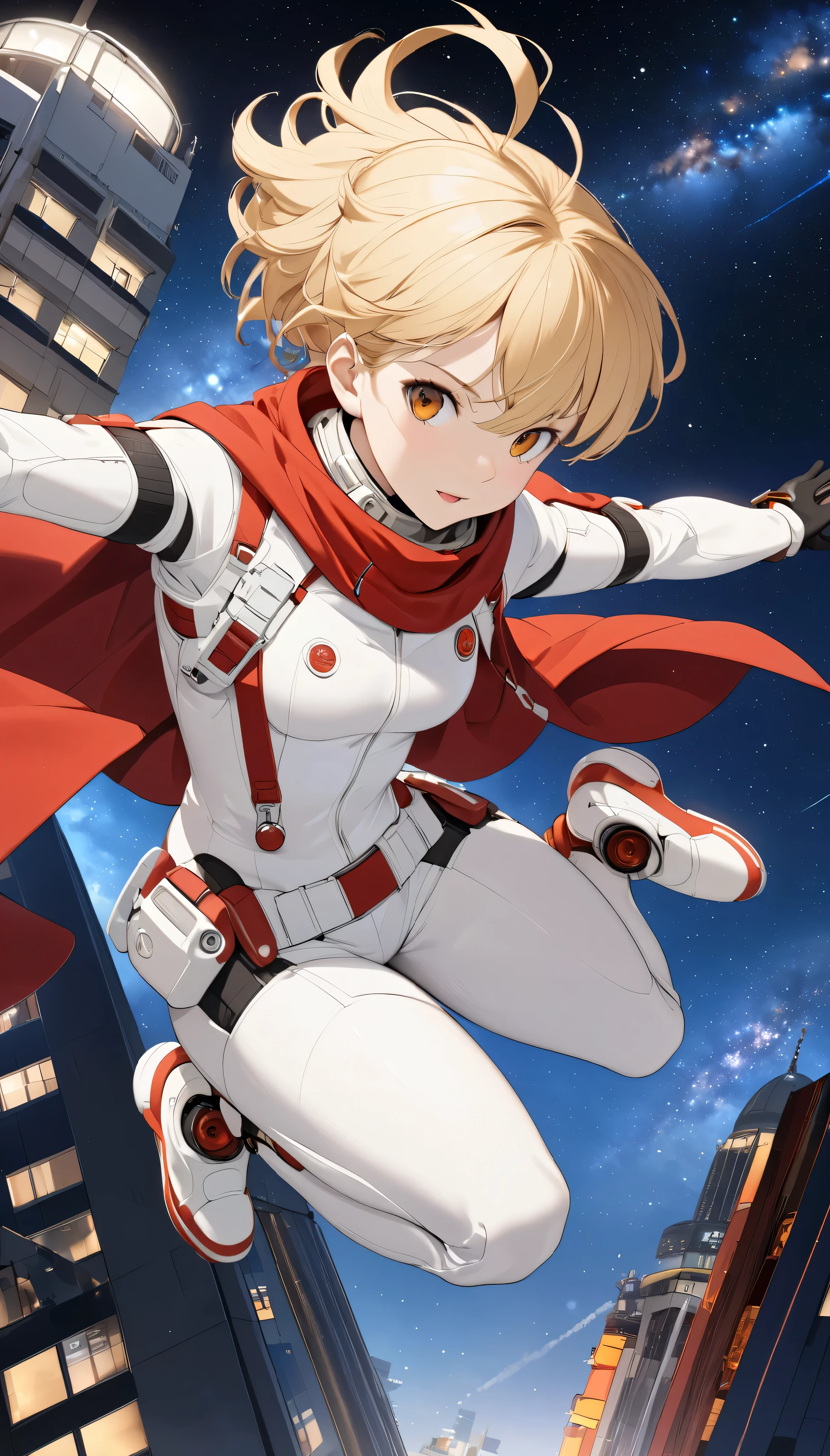  in high-definition images， realistic and detailed anime 009 、003 Francoise 、  blond hair、  wearing a white cyborg 009 costume、 wearing a red scarf 。 beautiful woman's 003  、Françoise Arnoux  、Detailed image of Cyborg 003  、 jumping over a building from a night view  、 a red cloak fluttering 、 Milky Way Galaxy Background 。