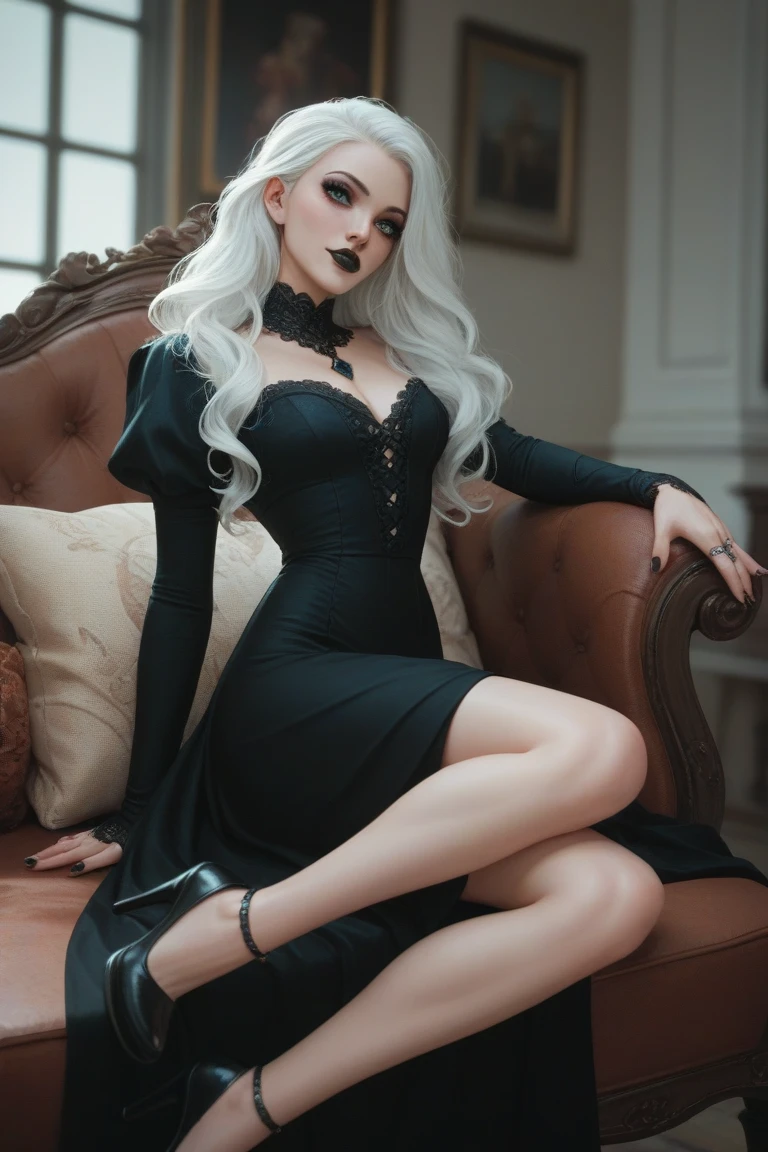 Generate an image of 22-year-old woman
with a gothic style
shoulder length wavy white hair short With the tip of cyan hair
dark long medieval dress
black rings
black pointed nails
cyan eyes
all body, 
black lipstick
black eye makeup
long legs, 5 dedos