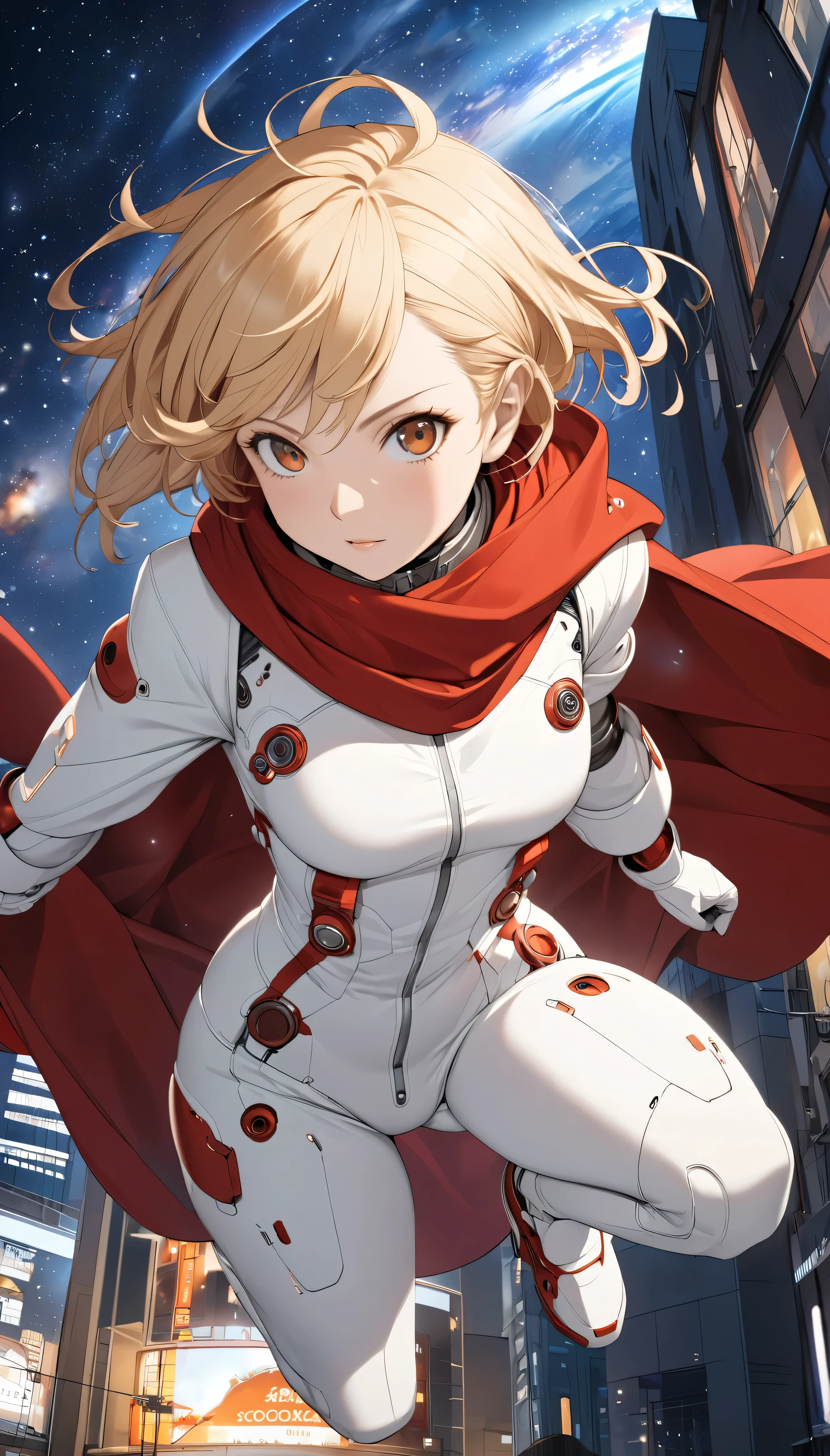  in high-definition images， realistic and detailed anime 009 、003 Francoise 、  blond hair、  wearing a white cyborg 009 costume、 wearing a red scarf 。 beautiful woman's 003  、Françoise Arnoux  、Detailed image of Cyborg 003  、 jumping over a building from a night view  、 a red cloak fluttering 、 Milky Way Galaxy Background 。