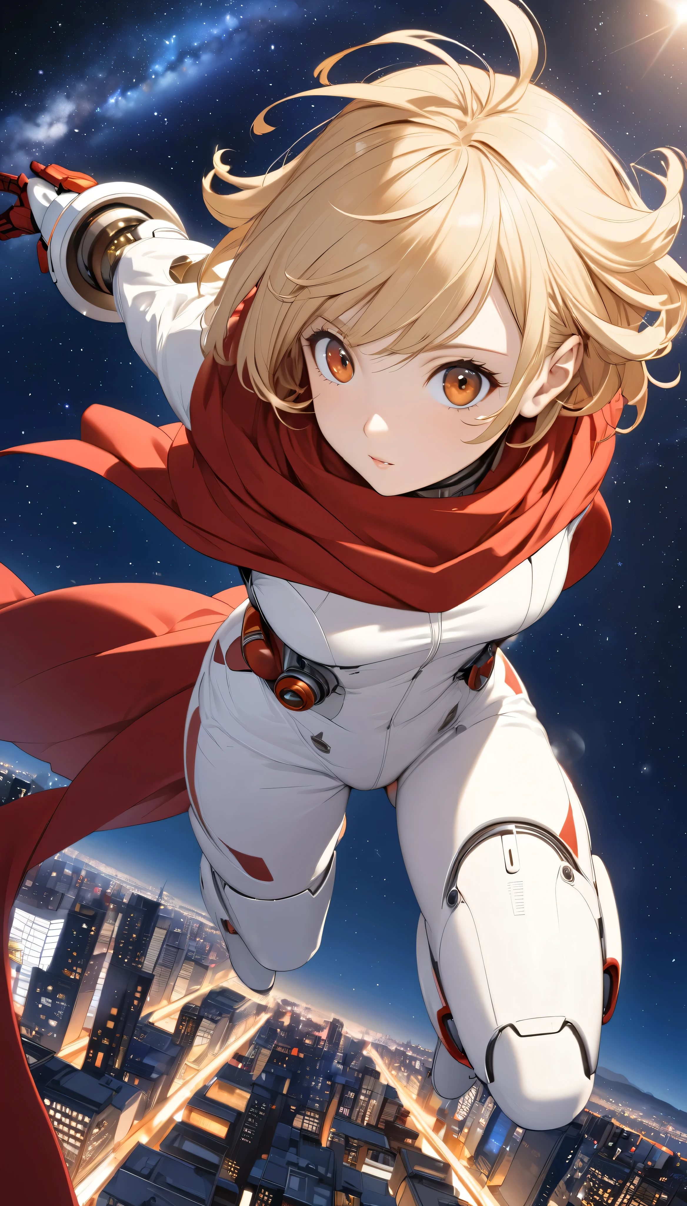  in high-definition images， realistic and detailed anime 009 、003 Francoise 、  blond hair、  wearing a white cyborg 009 costume、 wearing a red scarf 。 beautiful woman's 003  、Françoise Arnoux  、Detailed image of Cyborg 003  、 jumping over a building from a night view  、 a red cloak fluttering 、 Milky Way Galaxy Background 。