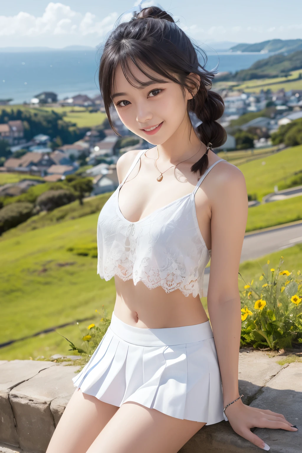 (footjob), Masterpiece、Highest quality、Highest quality, (long and thin legs, shoes:1.2), Arm behind wrist, squat、Spread your legs、1 girl, (smile、Open your mouth大笑い:1.2), Cute eyes, (Detailed face:1.3)、Open your mouth, The whole face turns red, alone, Big and ample breasts, (Straight bangs, Twin tails), White maid outfit、Side bust、Underbust、belly button、Walking through the mansion'corridor、nsfw、shoes下
