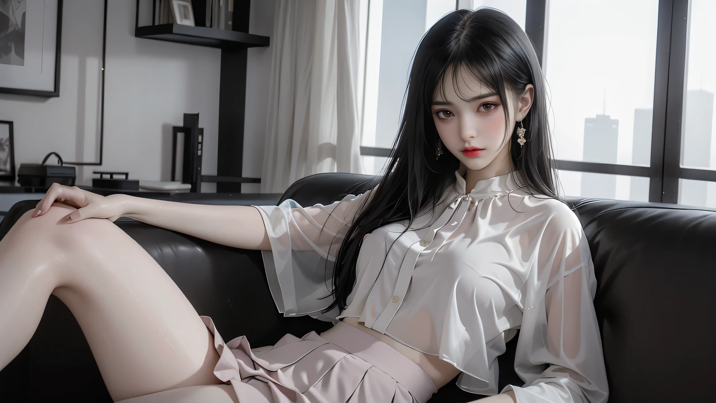 ( Lying down )、(( Girl lying on office sofa ))、(  career woman )、( 最 high image quality )、((  excellent quality、 8k、 masterpiece : 1.5) )、((  Wet White Blouse  ))、（ Not wearing a bra）、（ Girl lying on office sofa with erect nipples shining through pink  )、((  black tight skirt  ))、  black stockings  、 high heels by Miguel、  perfect body beauty : 1. 4)  wet skin、smile、Film texture、  photorealistic 、  high image quality、1 person、  Single  、(The skyscrapers are hazy behind)