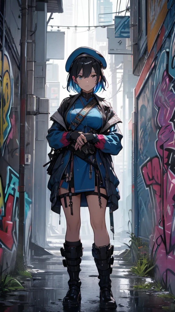 ((Beautiful black haired girl)),(( short hair ))(( Big Breasts :0.6)),  Tactical Boots  ,Futuristic gun,Rain environment,  high image quality,8k,  super detailed  ,  surreal(()),masterpiece,  cinematic lighting ,Dramatic lighting,  Dramatic Poses, High Definition Facial Contours ,非常に  realistic  ,  realistic  ,((Heavy Rain:1.3)).  Beautiful details ,  beautiful lip details  ,   High Detailed Eyes and Faces   ,  with long eyelashes ,  1 girl,  concept art,   Frame Location   、Shiny Futuristic gun、((Bloodstain:0.9))Vivid Depiction of the Human Body  、beret、Blue uniform、 Thailand、 Knee-length skirt 、((Heart-wrenching Clothes  :0.6))  Holes are in the center of the poster .々stand,  スThailandリッシュでエッジの効いた服を着る ,   expression of determination. The background is dark、 There is danger and tension, Text is in Bold and Eye Catching ,   A catchy tagline that creates a dramatic and exciting atmosphere.  The color palette is mostly dark ,(( grumpy expression))  Posters are dynamic and visually impressive .,  Character Portraits  (())(())((  lean against the wall  :1.6))((  cross your arms slightly))((colorful graffiti wall :1.5))