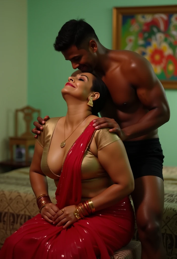 hot slim curvy white south indian milf with long single plaited hairstyle, big breast, big hip, very big ass, thick thighs, woman wearing saree pallu down, cleavage, indian couple, very short indian black man with short haircut, muscular body and big moustache, man wearing shorts, woman with man, couple in house, couple standing near the door and romance, high resolution, couple looking at camera, tall woman and short man, close-up potrait, Closed Mouth, serious face, front full body view, bright lighting, man choking woman neck, group of man and one woman