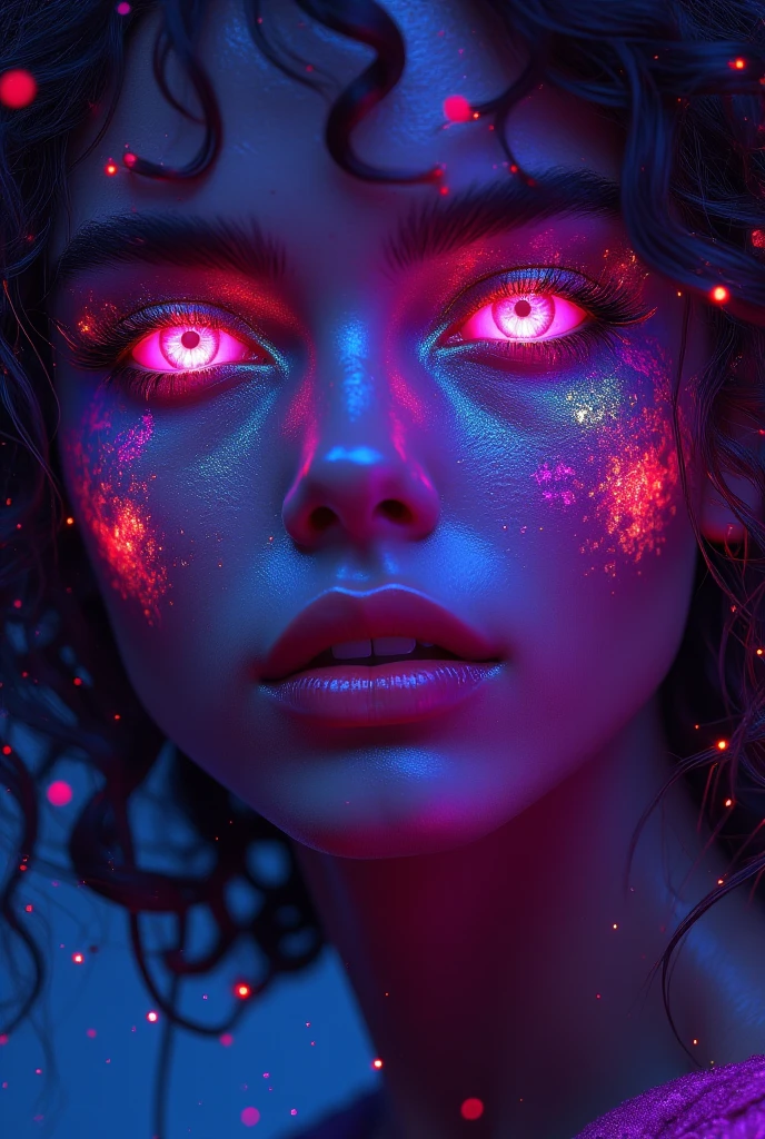 ( a semirealistic girl with neon monochromatic translucent long  hair)1.2], (ping-purple gradient eyeliner}}} (1.4) , (Heterochromia glowing cyan-pink and neon sunset eyes:1.2) , ((intricate robotic lines on her cheeks with red-purple gradient))[1.2...](dim lighting 1.3) (A radiant glow:1.1) (juisy mesmerizing lips:0.9),(a single glowing tear flowing from right eye)))(2.3, pale white-pink skin 