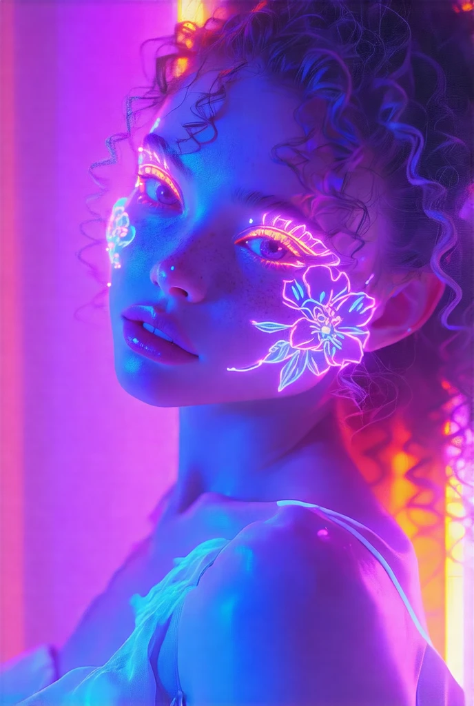 ( a semirealistic girl with neon monochromatic translucent long curly hair)1.2], (ping-purple gradient eyeliner}}} (1.4) , (Heterochromia glowing cyan-pink and neon sunset eyes:1.2) , ((intricate floral design on her cheeks with red-purple gradient))[1.2...](dim lighting 1.3) (A radiant glow:1.1) (juisy mesmerizing lips:0.9)