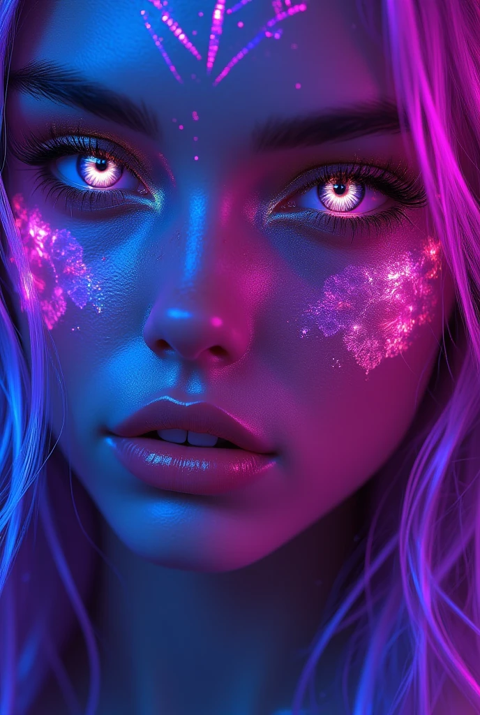 ( a semirealistic girl with neon monochromatic translucent long  hair)1.2], (ping-purple gradient eyeliner}}} (1.4) , (Heterochromia glowing cyan-pink and neon sunset eyes:1.2) , ((intricate robotic lines on her cheeks with red-purple gradient))[1.2...](dim lighting 1.3) (A radiant glow:1.1) (juisy mesmerizing lips:0.9),(a single glowing tear flowing from right eye)))(2.3, pale white-pink skin 