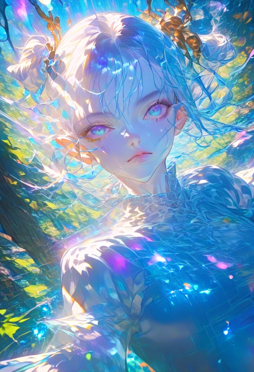 A dreamy thigh-up portrait of a beautiful girl with shimmering blue hair that reflects multiple iridescent colors under the radiant sunlight. She is slightly turned to the side, gazing at the camera with her head tilted at a 30-degree angle. Her twin-tails are floating gracefully in mid-air, adding a sense of motion. The girl is wearing a slightly oversized T-shirt and denim shorts, playfully splashing in a serene, crystal-clear water pool. The scene is bathed in a soft, ethereal glow, with light halos and lens flares subtly enhancing the dreamlike atmosphere. The environment is vibrant, surrounded by lush, dewy green grass and verdant trees. The sky is a vivid azure, scattered with a few fluffy, glowing white clouds, creating a surreal and magical ambiance. Ultra-high-definition, cinematic lighting, intricate details, soft focus, and a touch of fantasy.