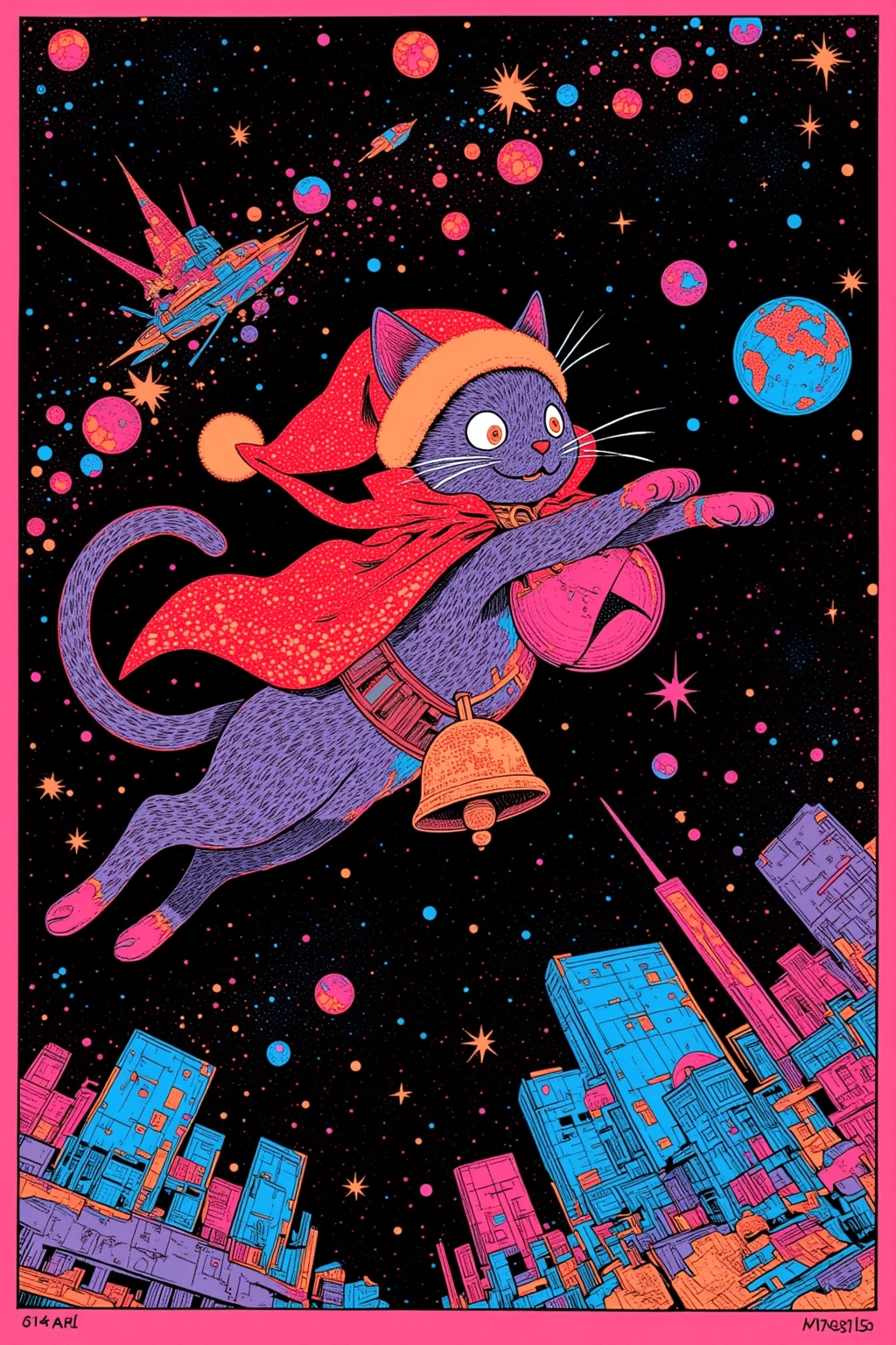  There is a poster of a tabby flying through space wearing a red cloak and a large bell on its collar, A tabby wearing a Santa hat , SILKSCREEN PRINT , Psychedelic Concert Poster, blacklight poster,  SILKSCREEN PRINT  , Silkscreen Art, Emory Douglas , black light velvet poster,  LSD art of a shamanic poster ,  pop psychedelic art 、black light pink , Ultra Fine, 