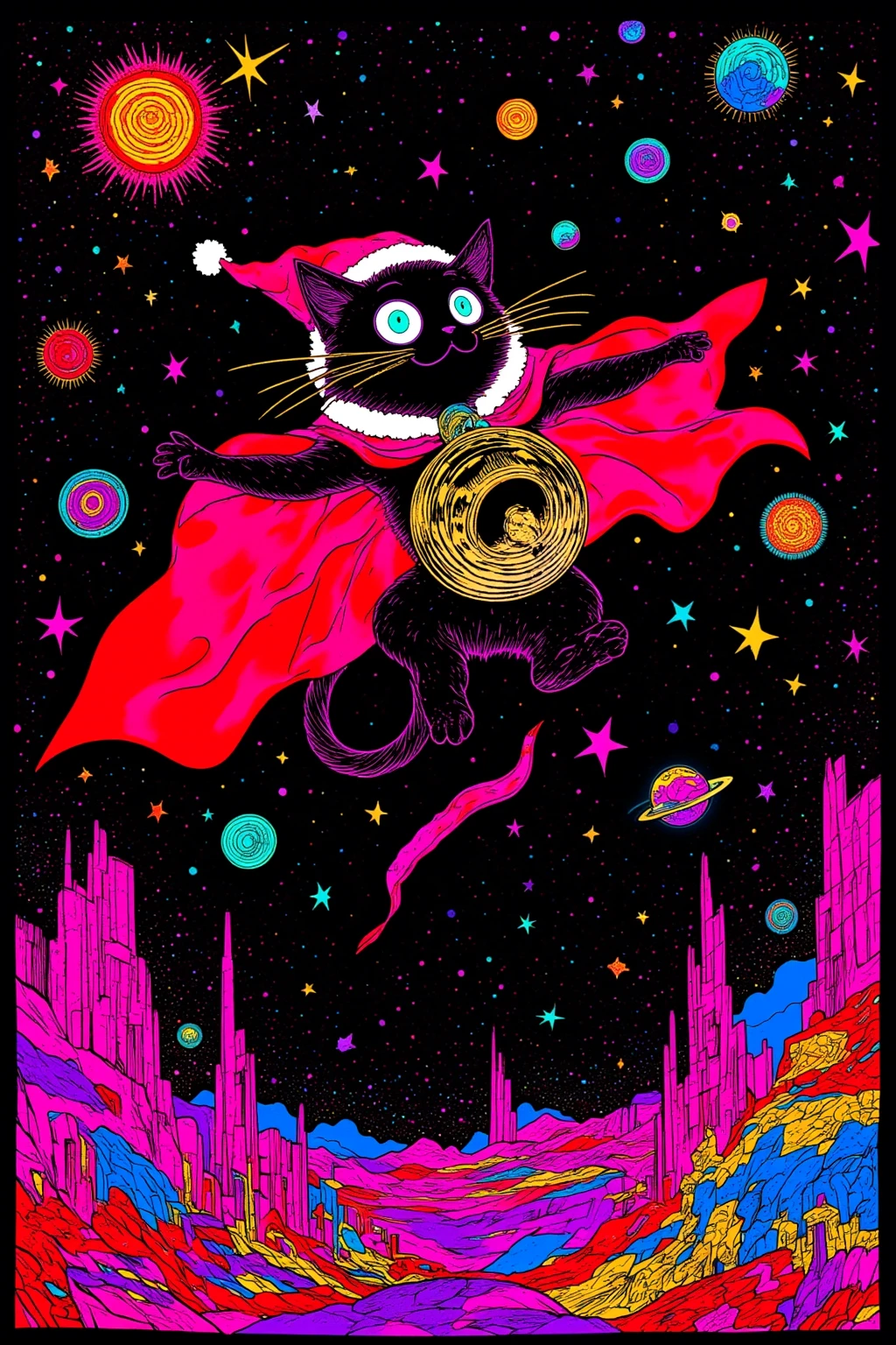  There is a poster of a tabby flying through space wearing a red cloak and a large bell on its collar, A tabby wearing a Santa hat , SILKSCREEN PRINT , Psychedelic Concert Poster, blacklight poster,  SILKSCREEN PRINT  , Silkscreen Art, Emory Douglas , black light velvet poster,  LSD art of a shamanic poster ,  pop psychedelic art 、black light pink , Ultra Fine, 