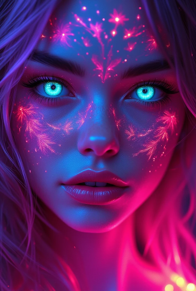 ( a semirealistic girl with neon monochromatic translucent long  hair)1.2], (ping-purple gradient eyeliner}}} (1.4) , (Heterochromia glowing cyan-pink and neon sunset eyes:1.2) , ((intricate robotic lines on her cheeks with red-purple gradient))[1.2...](dim lighting 1.3) (A radiant glow:1.1) (juisy mesmerizing lips:0.9),(a single glowing tear flowing from right eye)))(2.3, pale white-pink skin 