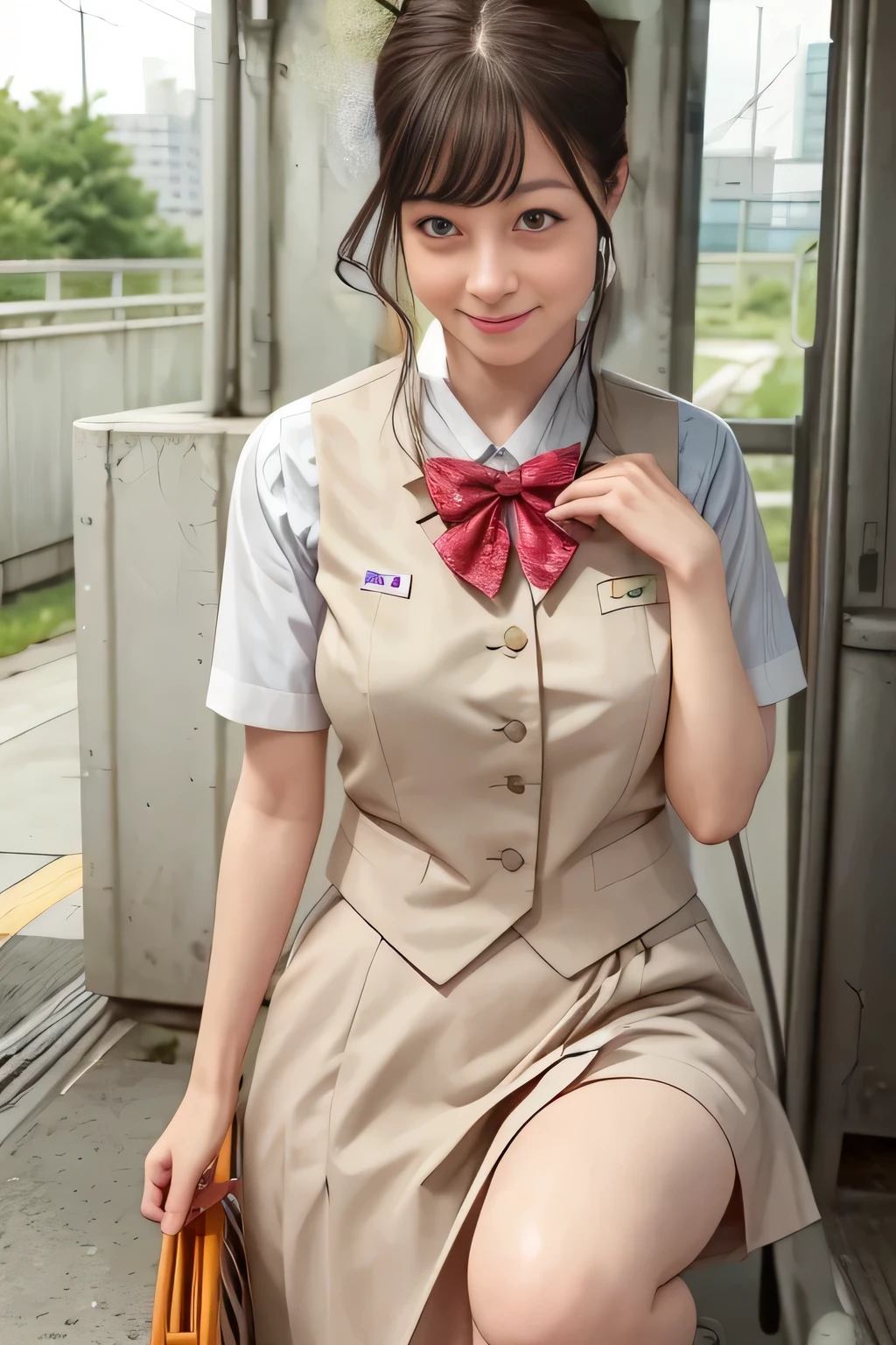 (masterpiece:1.2,  top quality :1.2), 32kHDR,  high res, (Alone、 1 girl)、（Rooftop of a building during the day、  professional lighting  ）、With the roof of the building in the background 、（Real style of JR Woman wearing train crew uniform beige）、（（JR Woman Train Crew Uniform Beige light blue short sleeve  、 Knee-length culottes skirt、 beige vest、 scarf））、 dark brown hair 、（ long hair、Hair tied up、Hair tied up）、 dark brown hair 、Long Hit、Big Breasts、Thin legs、（（ amazing hands：2.0）），（（harmonious body proportions：1.5）），（（Normal limbs：2.0）），（（Usually refers to：2.0）），（（Delicate eyes：2.0）），（（Normal eyes：2.0））)、smile、（JR Woman Train crew uniform beigeのKnee-length culottes skirtを見せた美しい立ち姿）、Hands clasped underneath
