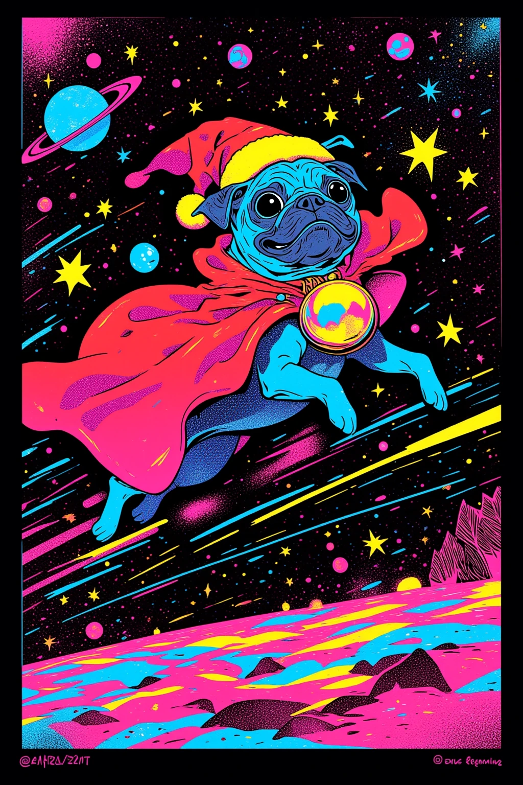  There is a poster of a tabby flying through space wearing a red cloak and a large bell on its collar, A pug wearing a Santa hat , SILKSCREEN PRINT , Psychedelic Concert Poster, blacklight poster,  SILKSCREEN PRINT  , Silkscreen Art, Emory Douglas , black light velvet poster,  LSD art of a shamanic poster ,  pop psychedelic art 、black light pink ,(  Merry Xmas  ), Ultra Fine, 