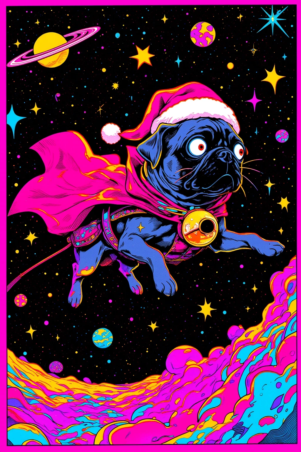  There is a poster of a tabby flying through space wearing a red cloak and a large bell on its collar, A pug wearing a Santa hat , SILKSCREEN PRINT , Psychedelic Concert Poster, blacklight poster,  SILKSCREEN PRINT  , Silkscreen Art, Emory Douglas , black light velvet poster,  LSD art of a shamanic poster ,  pop psychedelic art 、black light pink ,(  Merry Xmas  ), Ultra Fine, 