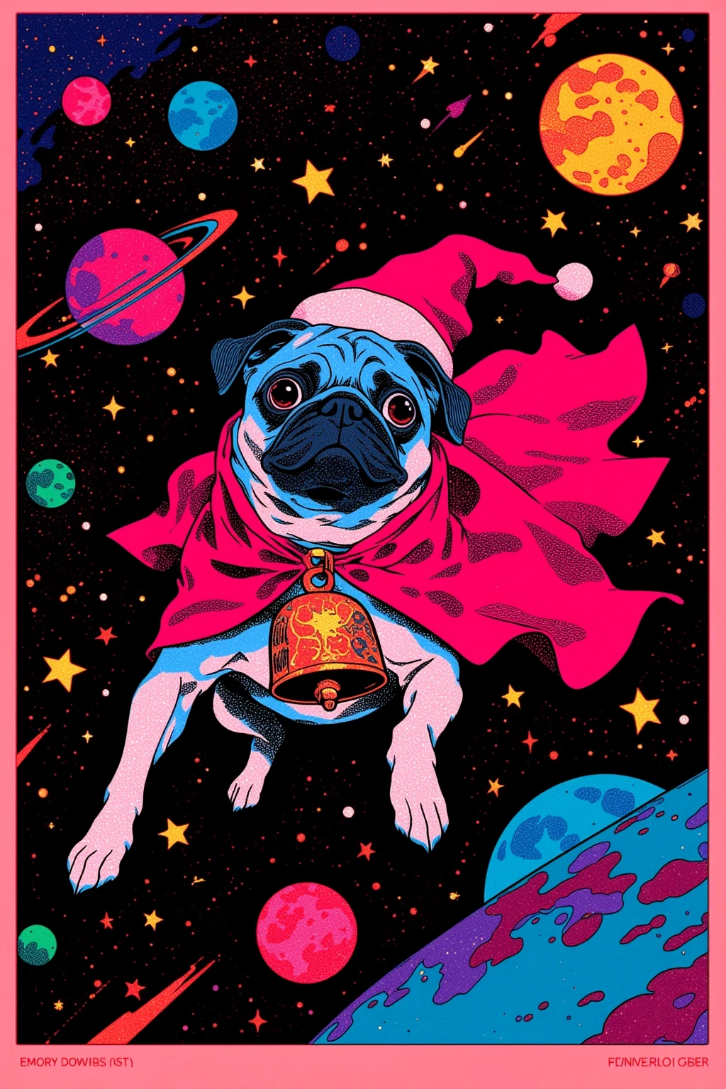  There is a poster of a tabby flying through space wearing a red cloak and a large bell on its collar, A pug wearing a Santa hat , SILKSCREEN PRINT , Psychedelic Concert Poster, blacklight poster,  SILKSCREEN PRINT  , Silkscreen Art, Emory Douglas , black light velvet poster,  LSD art of a shamanic poster ,  pop psychedelic art 、black light pink ,(  Merry Xmas  ), Ultra Fine, 