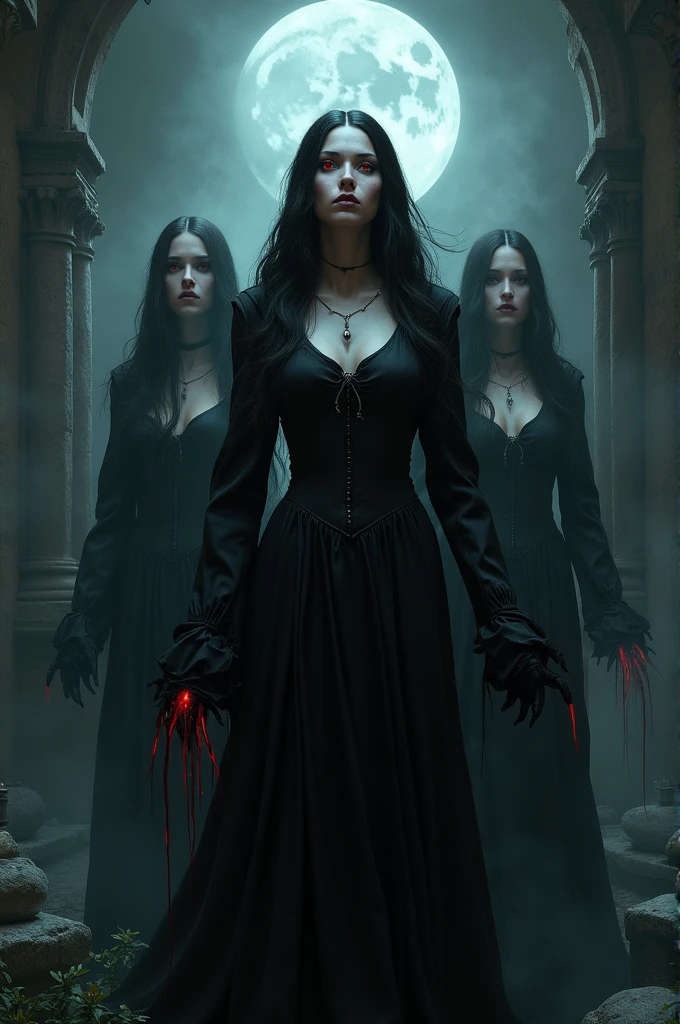 A dark, symbolic scene of women under the Jezebel spirit’s influence. woman displays a mix of haughty, domineering, or subtly manipulative expressions. Their eyes glow faintly in red or violet, signifying corruption. Dressed in dark, elegant attire, ghostly hands emerge from the shadows, representing the Jezebel spirit’s control. The background is a stormy sky with flashes of lightning, heightening the ominous atmosphere. Each woman emits a faint, ghostly glow, highlighting the spi