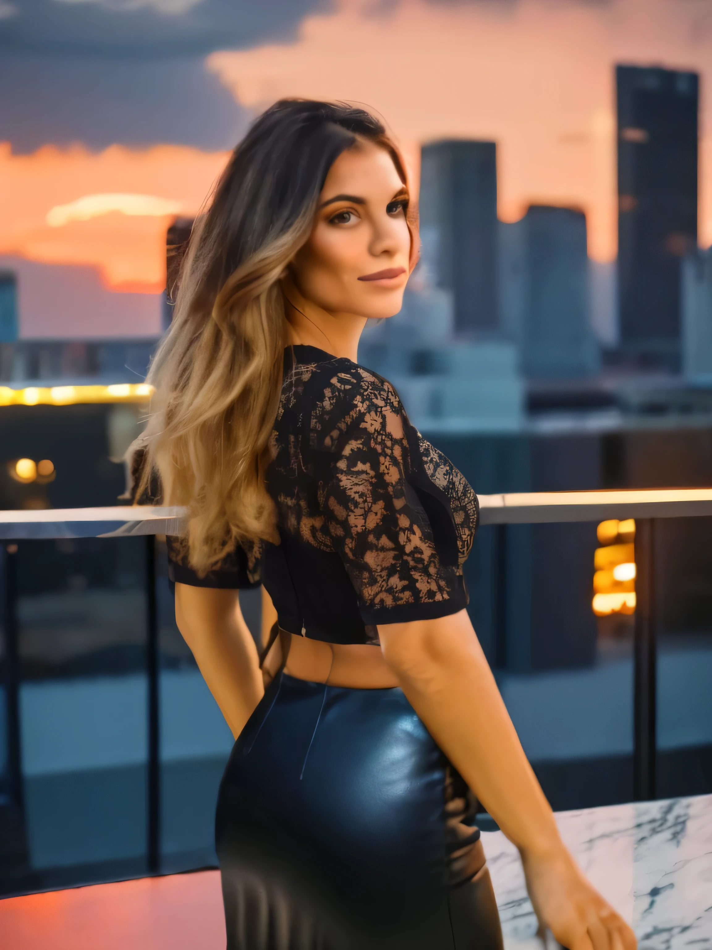 Create an image of a confident and glamorous woman standing in an upscale rooftop lounge at night. She is dressed in an elegant black lace top with intricate floral patterns and a sleek leather skirt, accentuated by a stylish gold belt. Her pose exudes confidence, with one hand resting lightly on a table and the other by her side. Her hair is long and flowing, styled in soft waves that catch the warm ambient lighting. The setting is a luxurious modern rooftop, with plush, contemporary furniture and glowing lanterns on marble-top tables. Large glass panels offer a stunning panoramic view of a vibrant city skyline filled with glowing skyscrapers, including iconic buildings and shimmering reflections on the water below. The atmosphere is sophisticated and lively, with a mix of warm golden light from the lounge and cool blue tones from the cityscape. Ensure the overall vibe captures elegance, charm, and the energy of a high-end, urban nightlife experience.