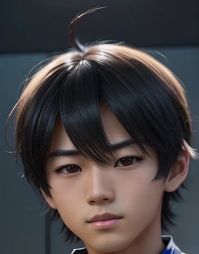 There is a young MAN (    with a normal and typical Japanese face  ) , ugly face, with short hair and white t-shirt , adolescente hiper     realistic     , sujeto hiper     realistic     , Chico anime     realistic     ,     anime style realism     , estilo de arte anime     realistic     , estilo de arte de anime     realistic     , Estilo anime 3D     realistic     ,     Portrait of an anime boy     ,        work of art in the style of Guweiz    , Detallado     Portrait of an anime boy     ,      incredible facial portrait of a dark anime     . model,     of Asian origin     (average, bajo average), idol face,     I just saw the spectator     , retrato(     realistic     :1.4), (:1.0),     black eyes ,   small eyes   (perfecta, Dark),   small eyes (perfect), eyes (perfect,Serious),eyelash(perfecta),shirt, thin eyebrows(perfect),  square face,  small head , dyed hair (negro ), hair perfect con , hair, Makoto himself     (     tsuki ga michibiku isekai douchuu     ), expression( light smile base ),