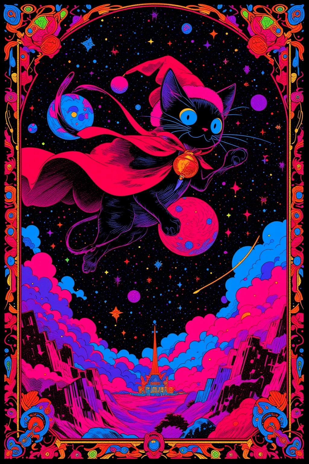  There is a poster of a tabby flying through space wearing a red cloak and a large bell on its collar, A tabby wearing a Santa hat , SILKSCREEN PRINT , Psychedelic Concert Poster, blacklight poster,  SILKSCREEN PRINT  , Silkscreen Art, Emory Douglas , black light velvet poster,  LSD art of a shamanic poster ,  pop psychedelic art 、black light pink , Ultra Fine, 