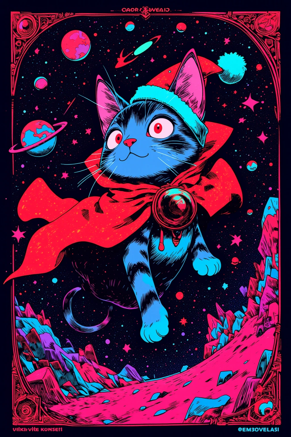  There is a poster of a tabby flying through space wearing a red cloak and a large bell on its collar, A tabby wearing a Santa hat , SILKSCREEN PRINT , Psychedelic Concert Poster, blacklight poster,  SILKSCREEN PRINT  , Silkscreen Art, Emory Douglas , black light velvet poster,  LSD art of a shamanic poster ,  pop psychedelic art 、black light pink , Ultra Fine, 