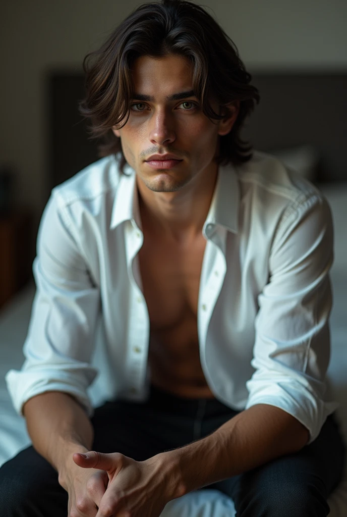 (photorealism:1.2),, handsome man sitting on bed, wearing loose off white shirt, black pants, long hair, indoors, soft lighting, plants in background, window with sunlight, cozy room, relaxed pose, realistic, intricate details, warm colors, by Greg Rutkowski.