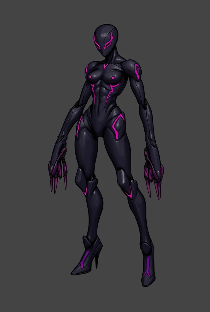 Slim woman with pronounced hips 
And gray skin, with Short purple hair and bop style cut, small black lips, big red eyes in body paint , in various views (front and back) (full body) ((Character sheet)) dinamic poses