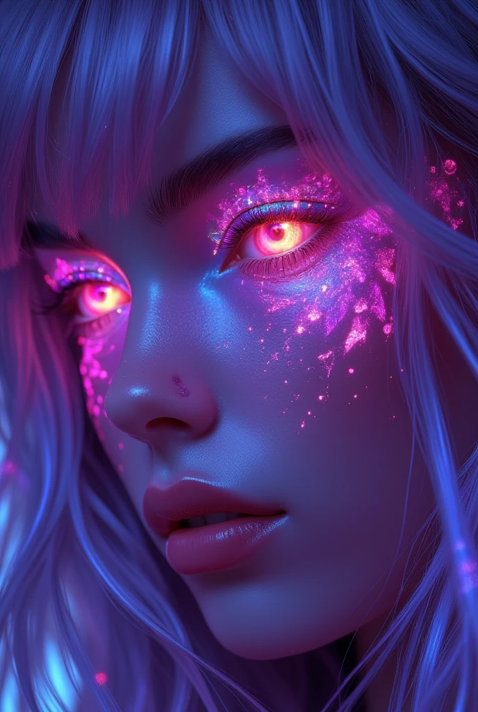 ( a semirealistic girl with neon monochromatic translucent long  hair)1.2], (ping-purple gradient eyeliner}}} (1.4) , (Heterochromia glowing cyan-pink and neon sunset eyes:1.2) , ((intricate robotic lines on her cheeks with red-purple gradient))[1.2...](dim lighting 1.3) (A radiant glow:1.1) (juisy mesmerizing lips:0.9),(a single glowing tear flowing from right eye)))(2.3, pale white-pink skin 