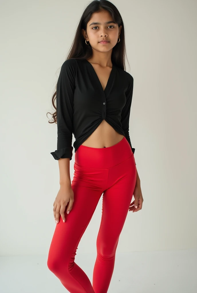 Alone girl  felling  happy    lose pant shirt  black and red colour dressing 
