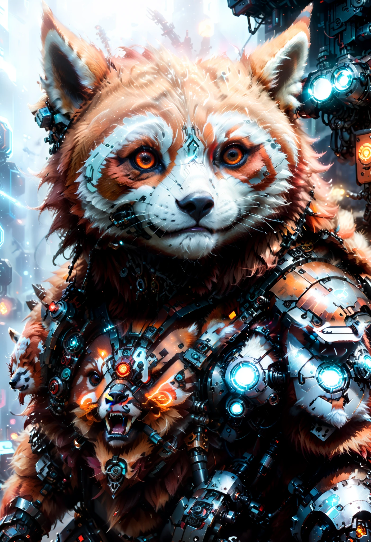 Anime Artwork, closeup cyberpunk viking red panda with robotic parts, epic background, glowing runes