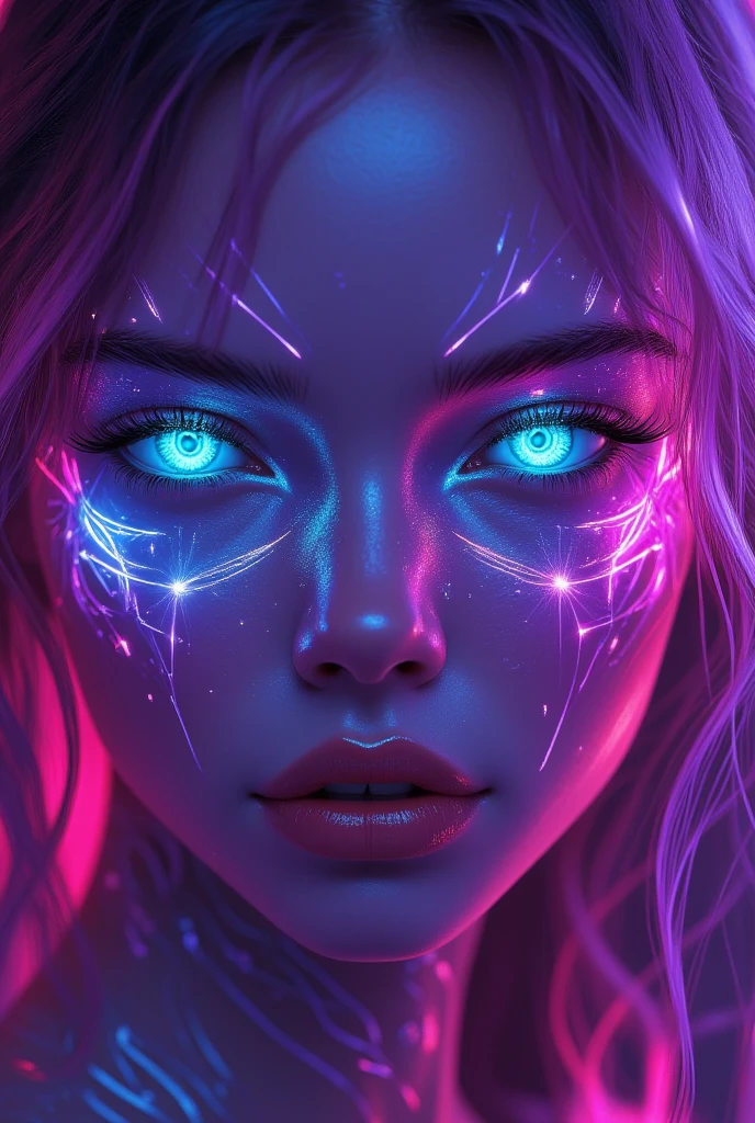 ( a semirealistic girl with neon monochromatic translucent long  hair)1.2], (ping-purple gradient eyeliner}}} (1.4) , (Heterochromia glowing cyan-pink and neon sunset eyes:1.2) , ((intricate robotic lines on her cheeks with red-purple gradient))[1.2...](dim lighting 1.3) (A radiant glow:1.1) (juisy mesmerizing lips:0.9),(a single glowing tear flowing from right eye)))(2.3, pale white-pink skin 