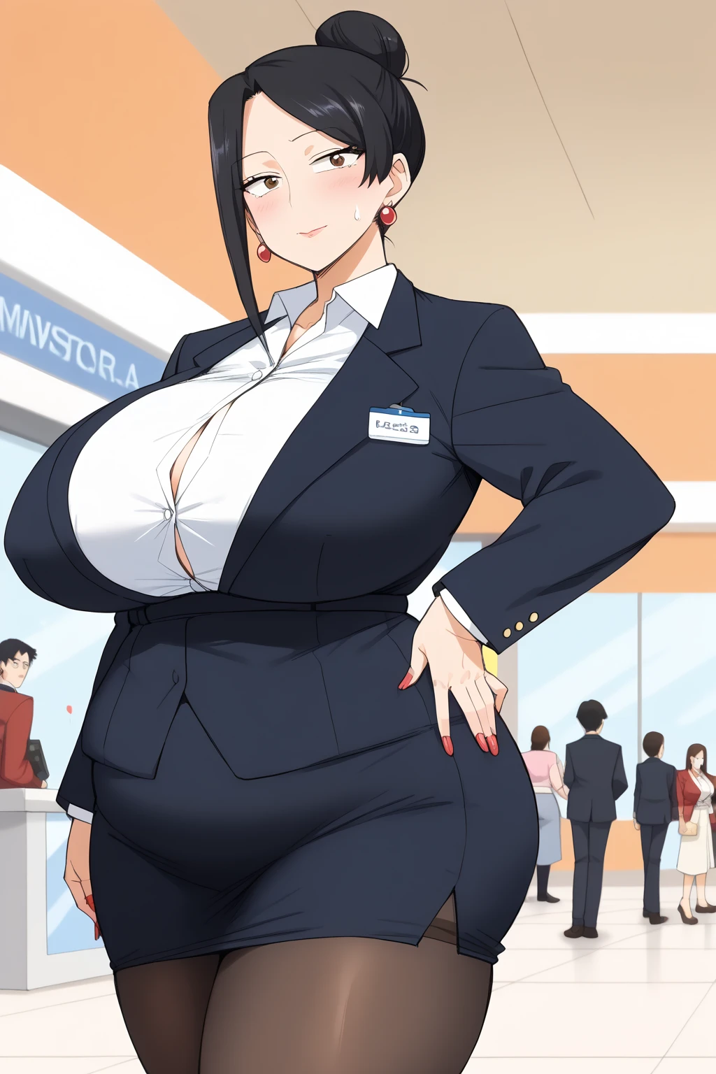 Takizawa Kyouko,  brown eyes,  black hair,  single hair bun,  mall under mouth ,
 Big Breasts ,  earrings for women with first name,  mature woman, 
formal,  black jacket,  white shirt,  pantyhose,  tight skirt ,   score_9,   score_8_ up,   score_7_ up,   score_6_ up,   score_5_ up,   score_4_ up,     masterpiece   ,   top quality,     So Aesthetic ,    absurd,    Source_Anime, Anime screencap,    one woman , Alone,   personal   ,  Super huge breasts, (((S uper huge クレビス, Super huge , Super huge boob))), Curvy,   chubby,  Mature Woman,   obese , ,  troubled expression,  