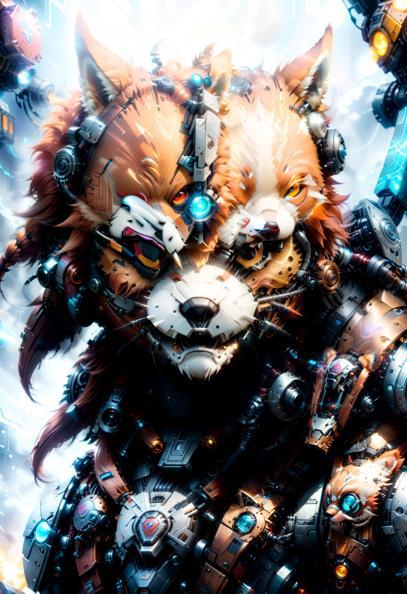 Anime Artwork, closeup cyberpunk viking red panda with robotic parts, epic background, glowing runes