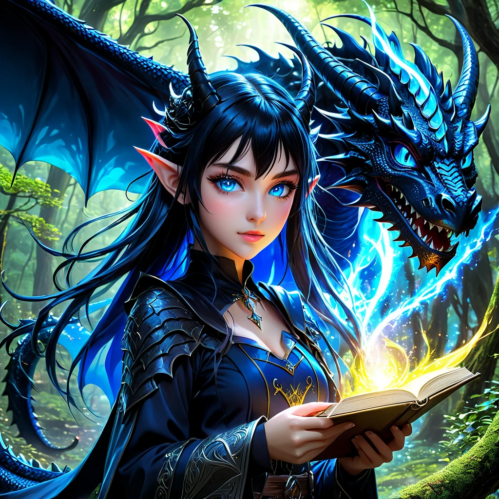  an Isekai anime-style image of a dark magical fantasy world with anime characters, Dragon Girl anime , Elvish girl anime ,  dark forests , Flying Black Dragon , Powerful demon girls casting dark magic, neon blue eyes,  beautiful professional anime illustration ,  perfect traits,  perfect design ,  extremely detailed ,  High resolution, perfect contrast ,  high definition ,  perfect proportions ,  perfect saturation , perfect asymmetry , bright, FIRST WORK,  best quality