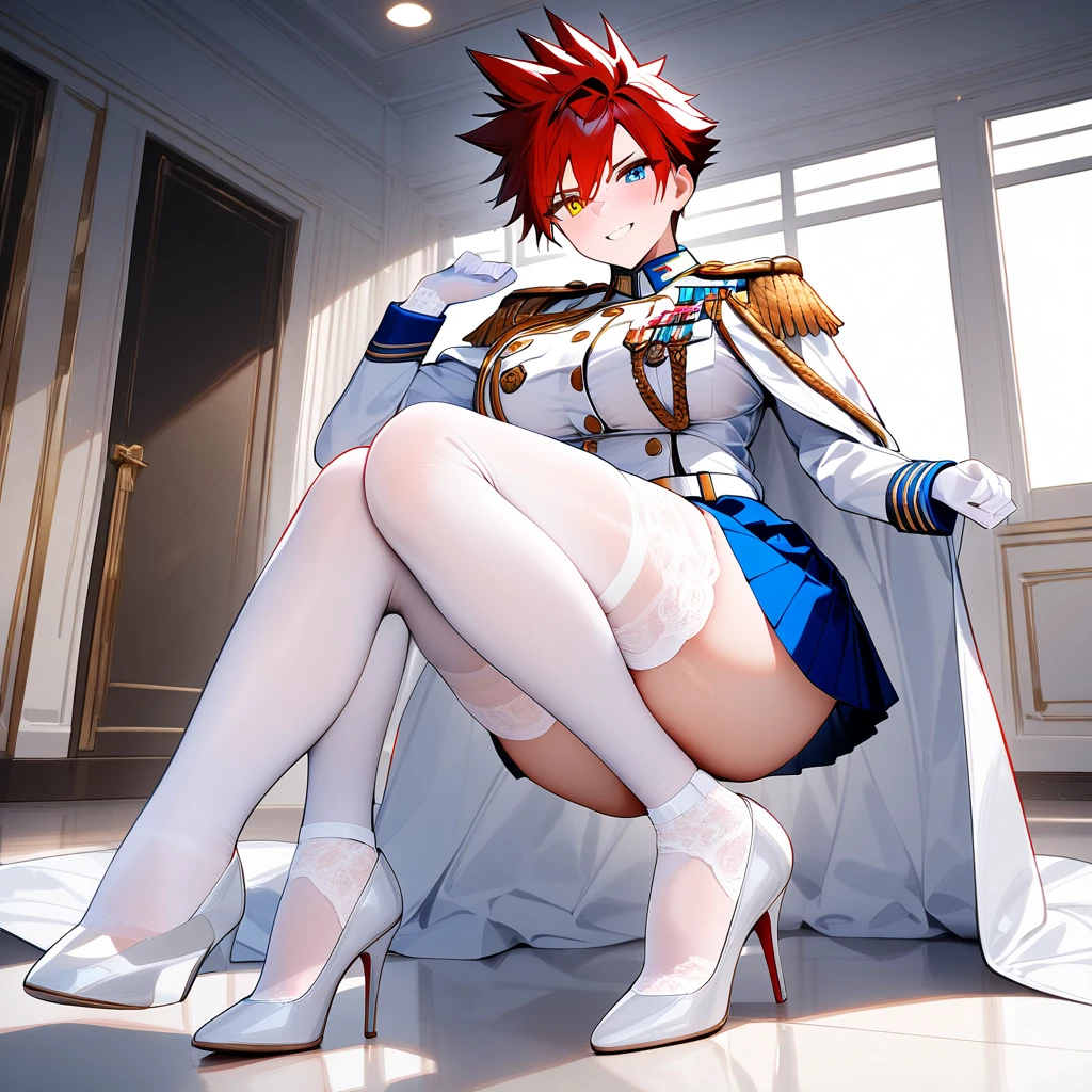 masterpiece, best quality, very aesthetic, absurdres, digital art, solo, Minami Asuka, a adult tomboy girl with very boyish handsome shortcut red hair with (spiked hair:1.2) and very handsome face and heterochromia with blue eyes and yellow eyes and perfect female body and large breasts wearing white and blue military uniform with epaulettes and aiguillette and (military white jacket with white long sleeves:1.4) and white buttoned shirt on top and (white lace trim bridal gloves:1.2) on hands and (white cape with shoulder cape:1.2) on shoulders and brown belt with gold belt buckle and (pleated blue miniskirt with white stripes:1.3) on bottom and (white thighhighs with floral lace trim:1.2) on legs and (white high heels:1.2) on feet