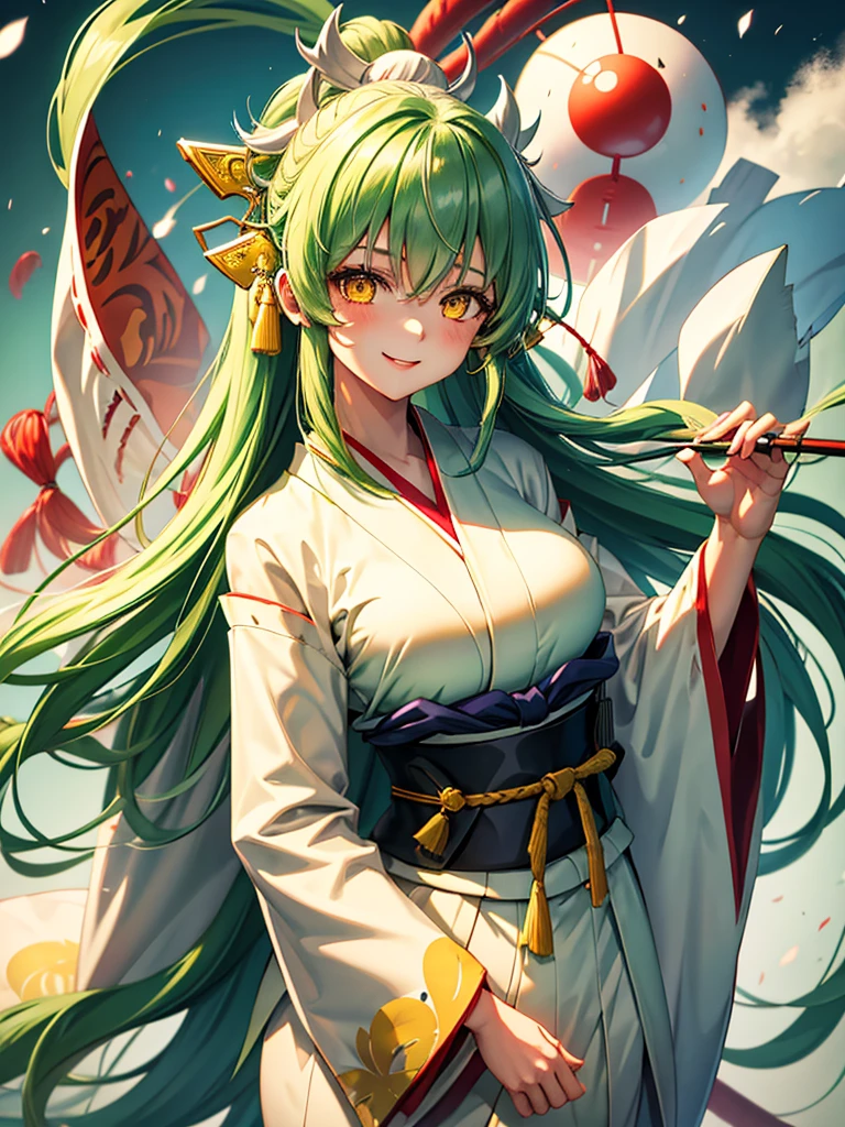 1girl, green hair, long hair, (bangs:0.7), kimono, japanese cloth, white kimono, red hakama, masterpiece, standing, upper body, smile, large breasts, yellow eyes, white horn, miko uniform, white background