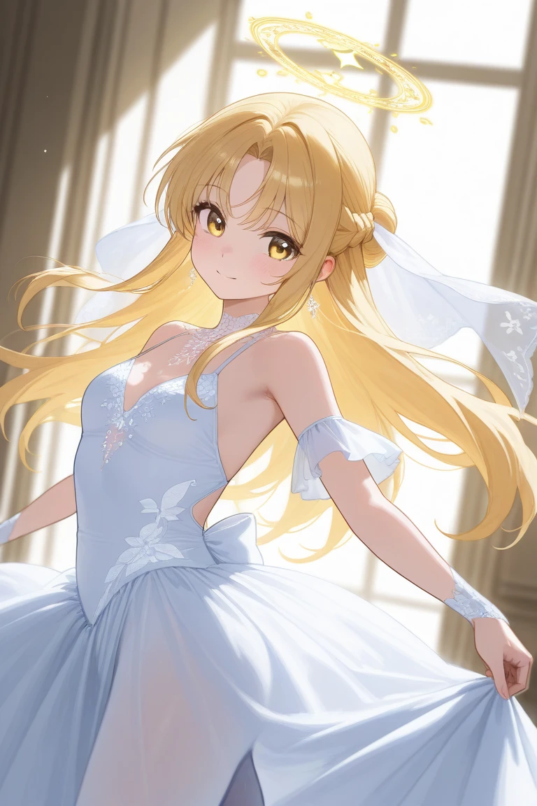 photo realistic, (masterpiece,best quality:1.4),(8k,raw photo,photo realistic:1.2), detailed skin, detailed face,1girl, Princess, cute face, , Not Safe for Work, (raw photo, photo realistic: 1.2), (((half updo))), blue eyes, (blonde hair), light smile, shiny wavy hair, sidelock, curtsey, (ballgown), Princess doress, shortsleeves, a smile, red blush, Doress, Hair Between Eyes, White Panties Hose, ((Blue the Bow)), Puffy Sleeves, Bangss, (tiara), (necklace), (bridal gauntlets), foot out of frame, frilld, : q, masterpiece, top-quality, not safe for work, 14-yo, braided bangs, yumekawa,yumekawaii,pastel color, rainbow background,petals,
