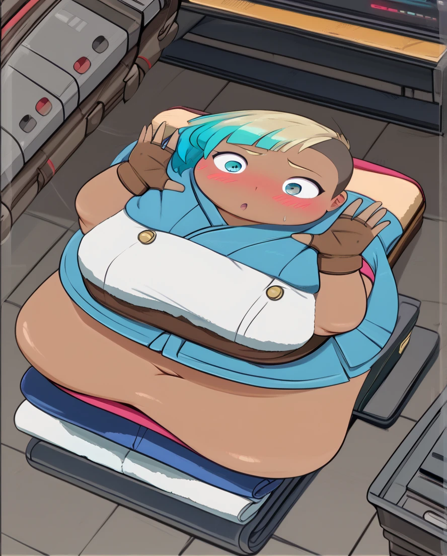 :
peppermint, dark skin, fingerless gloves, pixie cut, dark-skinned female, blonde hair, brown gloves, blue eyes, multi colored hair, blue hair, side buzz cut, obese, shocked, blush , on back, paper thin, flattened girl, flattened, on floor, lying on floor, roll press, factory, rollers,(towel body:1.3)