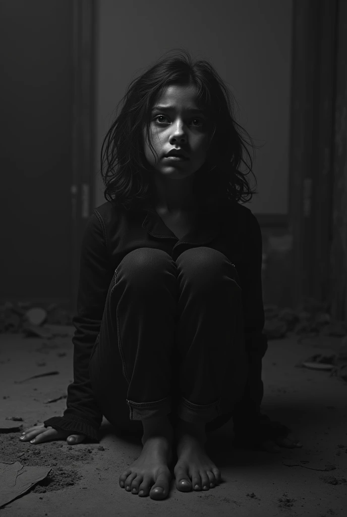 A cartoon pic of an innocent sad girl, sitting down, with teary eyes, 3D