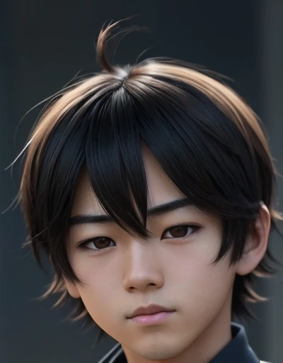 There is a young MAN (    with a normal and typical Japanese face  ) , ugly face, with short hair and white t-shirt , adolescente hiper     realistic     , sujeto hiper     realistic     , Chico anime     realistic     ,     anime style realism     , estilo de arte anime     realistic     , estilo de arte de anime     realistic     , Estilo anime 3D     realistic     ,     Portrait of an anime boy     ,        work of art in the style of Guweiz    , Detallado     Portrait of an anime boy     ,      incredible facial portrait of a dark anime     . model,     of Asian origin     (average, bajo average), idol face,     I just saw the spectator     , retrato(     realistic     :1.4), (:1.0),     black eyes ,   small eyes   (perfecta, Dark),   small eyes (perfect), eyes (perfect),eyelash(perfecta),shirt, thin eyebrows(perfect),  rectangular face, triangular chin ,  small head , mejillas regordetas, Fat girl,dyed hair (negro ), hair perfect con , hair, Makoto himself     (     tsuki ga michibiku isekai douchuu     ), expression(Slight dull smile ),