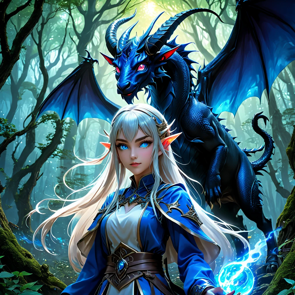  an Isekai anime-style image of a dark magical fantasy world with anime characters, Dragon Girl anime , Elvish girl anime ,  dark forests , flying dragon with a goat's head ,  powerful demon girls casting dark magic, neon blue eyes,  beautiful professional anime illustration ,  perfect traits,  perfect design ,  extremely detailed ,  High resolution, perfect contrast ,  high definition ,  perfect proportions ,  perfect saturation , perfect asymmetry , bright, FIRST WORK,  best quality