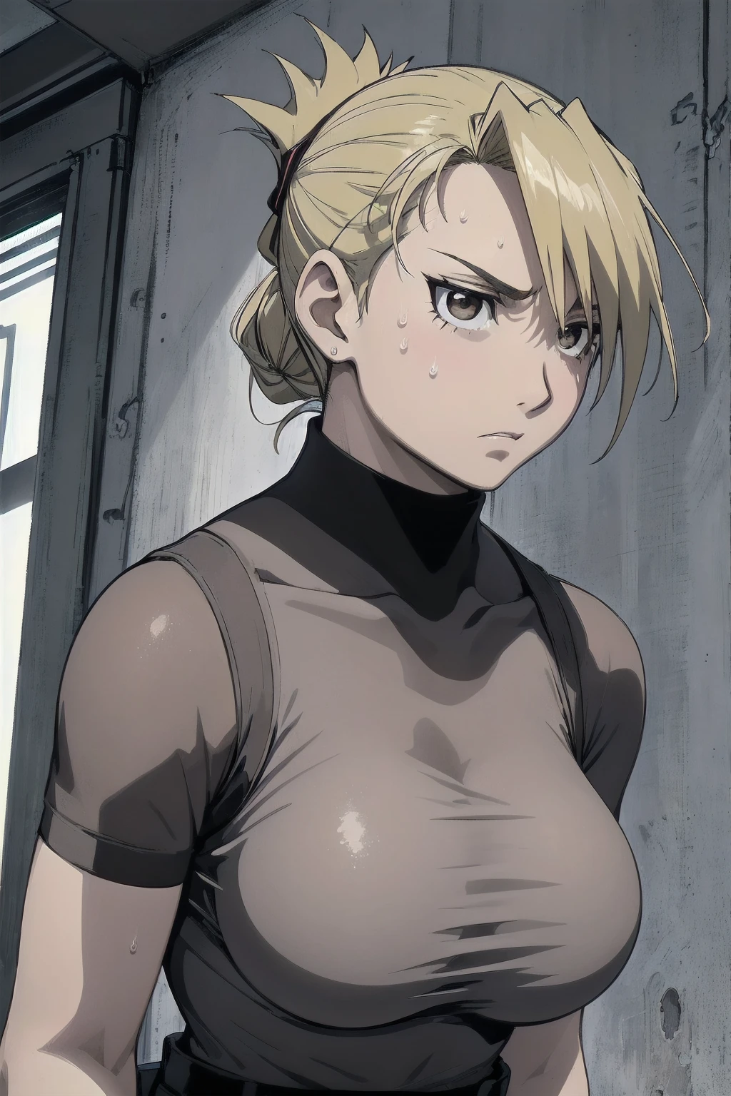 masterpiece,  top quality ,  high res,  One Girl , Hamriz,  ponytail,  brown eyes,big ,   black shirt  ,   Tight Shirt  , , Short sleeve, belt,  covered navel , blue pants ,indoor、 upper body close-up、 muscular body flowing through a bowl、、sweat、Composition from the front、Anime、((( person highlighting gray、 big boobs、Exposing both sides、sweat、Expectations)))