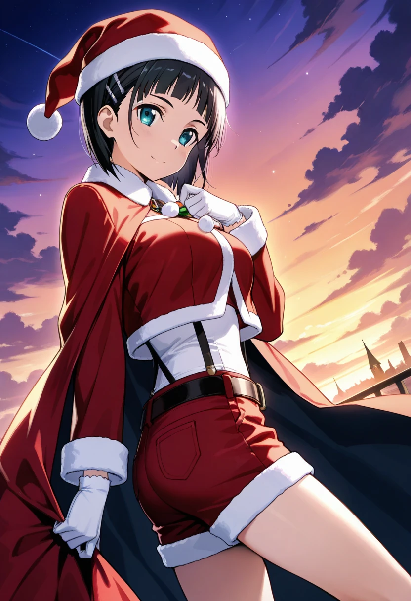 A highly detailed and high resolution image of "Kirigaya Suguha" [from Sword Art Online]; A dark haired pretty young girl; cute, dressed in a goth steampunk Santa Clause outfit with a red coat, red cropped top, a black belt, red hot pants (shorts), white suspenders, white gloves, red Santa Hat; she has a cheerful expression as she is handing out presents; BREAK: quality\(8k,wallpaper of extremely detailed CG unit, high resolution, top-quality, top-quality real texture skin, hyper realistic, increase the resolution, RAW photos, best quality, highly detailed, the wallpaper, golden ratio, high saturation realism, vibrant colors, dramatic lighting, persuasive storytelling, atmospheric scenery, captivating visuals, intricate details, strong emotions, dreamlike world\),(dynamic angle:1.4)