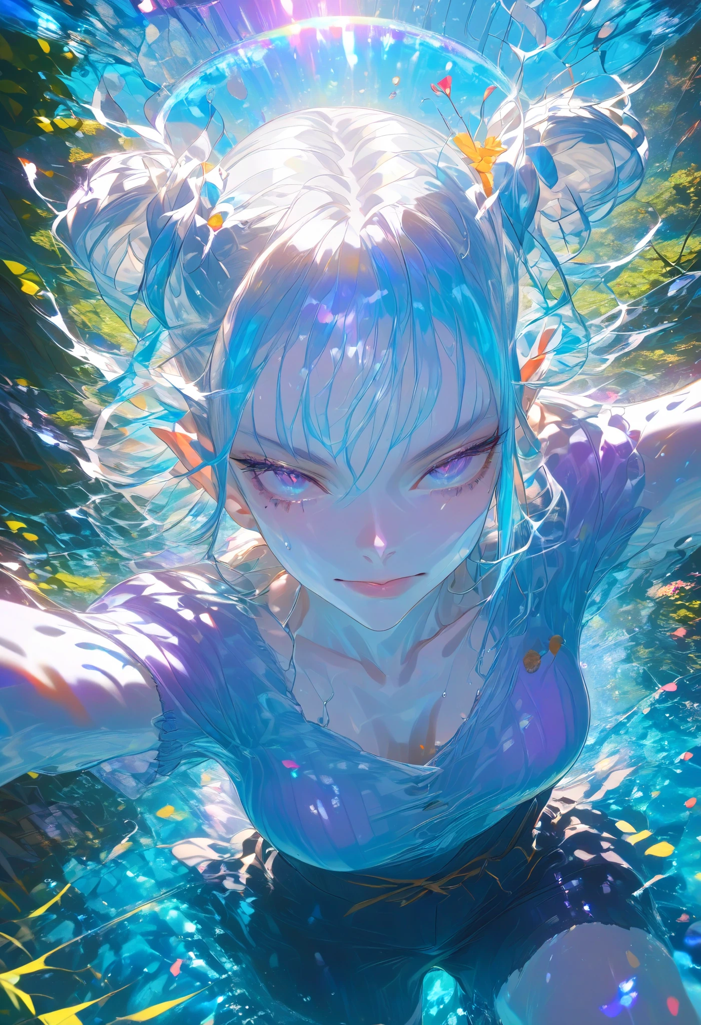 A thigh-up portrait of a beautiful girl with blue hair shimmering in multiple colors under the radiant sunlight. She is slightly turned to the side, gazing at the camera with her head tilted at a 30-degree angle. Her twin-tails are gracefully floating in the air, adding a sense of motion. The girl is wearing a slightly oversized T-shirt and denim shorts, standing in a water pool with the water gently reaching up to her thighs. She is playfully splashing in the serene, crystal-clear water, which reflects the sunlight with mesmerizing ripples (**water pool:1.5**). The environment is vibrant and lush, surrounded by soft green grass and tall, verdant trees. Above, the azure sky is dotted with a few fluffy white clouds, enhancing the peaceful and beautiful atmosphere.
**Ultra-high-definition**, 8k resolution, hyper-detailed, photorealistic, cinematic lighting, soft reflections, natural bloom, intricate textures on the water surface, dynamic motion, and stunning environmental details.