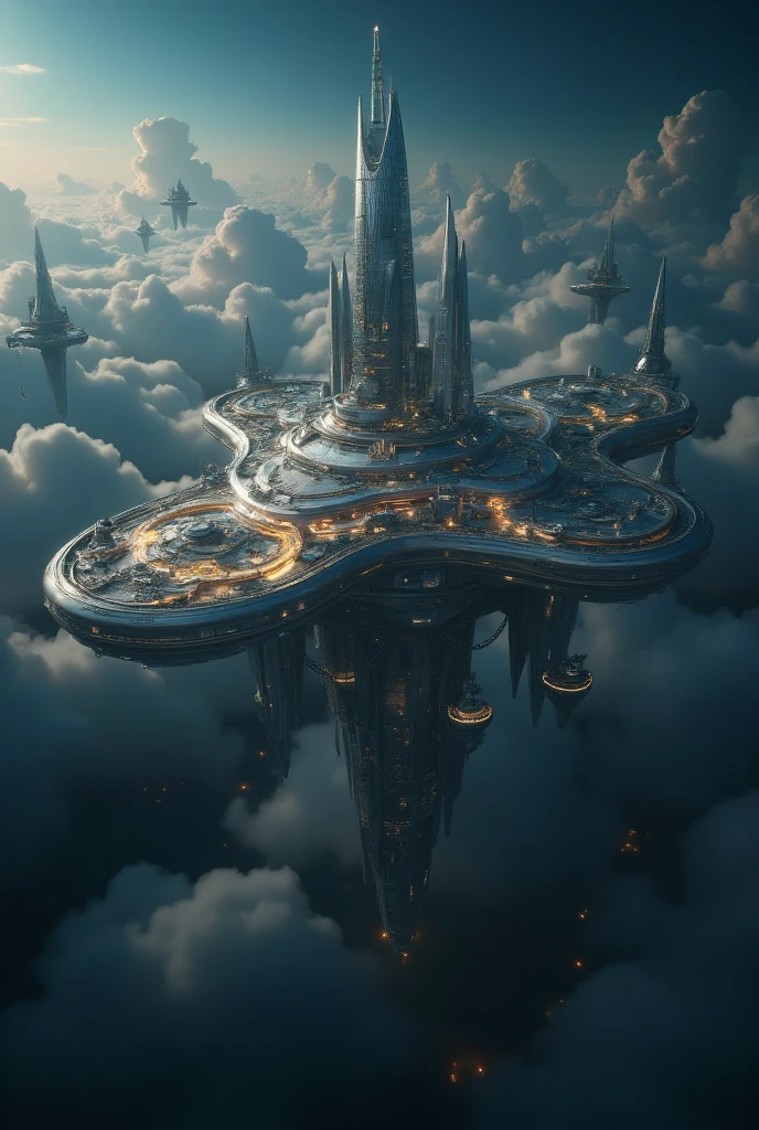  A colossal alien mothership , in the shape of a disc ,  with a futuristic design and shiny details in metallic tones , floating in space above planet Earth.  The ship is much larger than planet , displaying towers ,  domes and complex structures ,  illuminated by soft lights against the starry background of the universe. 