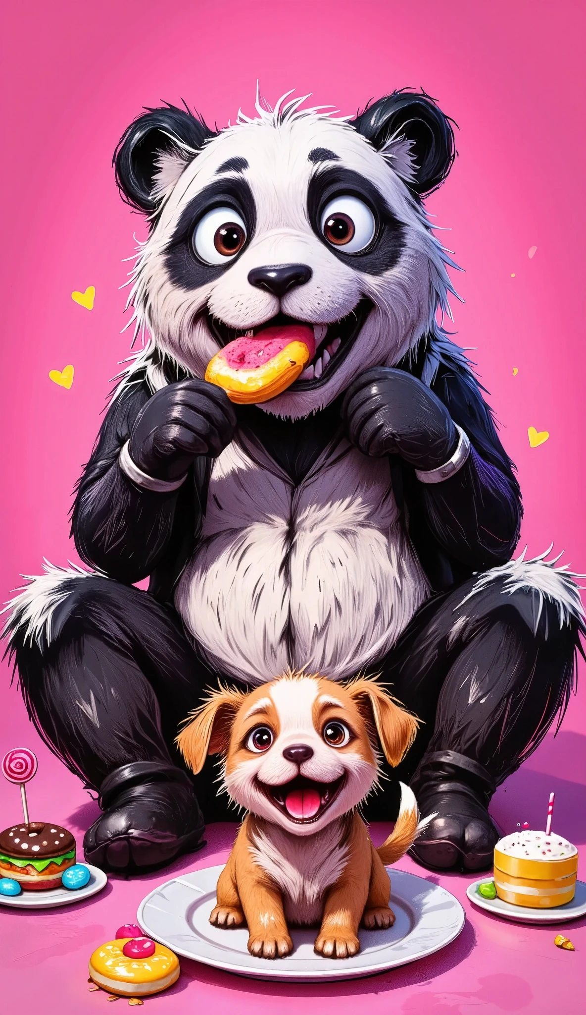 plano general, centered,  Full body , (( A panda in costume eating donuts ( Black and White Suit):1.4)), Sentado y comiendo Sweets:1.3,  dynamic pose , (perro pidiendo Sweets:1.3),  , 8K,  High Definition, adorable,  HIGH QUALITY, photorealistic , colorful, vibrant,  soft lighting ,  plush panda costume ,  disheveled hair ,  round cheeks ,  big eyes,  detailed facial features ,  cheerful expression, playful, Capricious,   intricate details  , Lollipops, Sweet,  textured skin ,  fluffy panda ears , paws,  dog wagging its tail , Anticipation, beautiful, comforting, endearing 