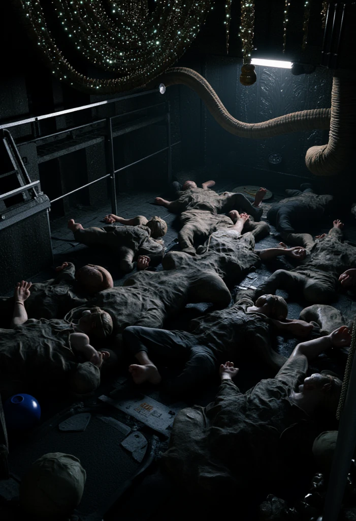 a group of people on the floor with facehuggers on their faces, the gloomy Nostromo ship perfectly decorated for Christmas, the monsters pretending to celebrate, hyper detailed, cinematic lighting, dark moody atmosphere, (best quality,4k,8k,highres,masterpiece:1.2),ultra-detailed,(realistic,photorealistic,photo-realistic:1.37),digital painting, muted color palette, dramatic chiaroscuro lighting,dramatic sci-fi horror,ridley scott universe