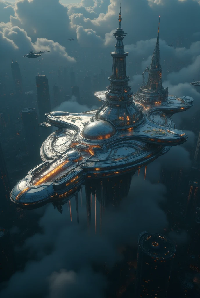  A colossal alien mothership , in the shape of a disc ,  with a futuristic design and shiny details in metallic tones , floating in space above planet Earth.  The ship is much larger than planet , displaying towers ,  domes and complex structures ,  illuminated by soft lights against the starry background of the universe. 