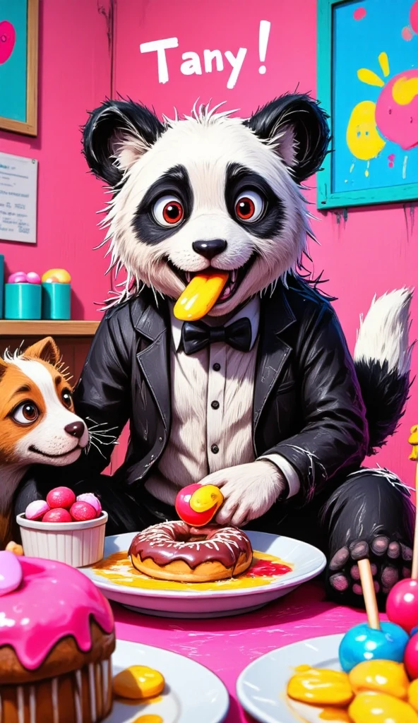 plano general, centered,  Full body , (( A panda in costume eating donuts ( Black and White Suit):1.4)), Sentado y comiendo Sweets:1.3,  dynamic pose , (perro pidiendo Sweets:1.3),  , 8K,  High Definition, adorable,  HIGH QUALITY, photorealistic , colorful, vibrant,  soft lighting ,  plush panda costume ,  disheveled hair ,  round cheeks ,  big eyes,  detailed facial features ,  cheerful expression, playful, Capricious,   intricate details  , Lollipops, Sweet,  textured skin ,  fluffy panda ears , paws,  dog wagging its tail , Anticipation, beautiful, comforting, endearing 