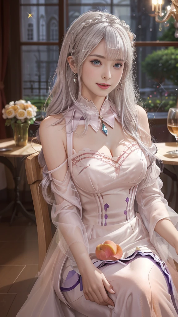 Landscape of a very beautiful woman, (half body shot), (((front focus))), dutch angle, (((background Blurry))), Bokeh, lens flare,  photography with Fujifilm XT3,  depth of field, film grain, female focus, (((face exposed)))!!!, Emilia/(Re : Zero Kara Hajimaru/), anime style, (((sitting on a chair in a luxurious european restaurant at night with a large window behind decorated with the sparkling stars outside)))!!!, table in front of the woman, sumptuous dishes on the table, (((looks at the audience with beautiful light purple eyes))), Ultra detailed eyes, (Beautiful light purple eye's like amethys :1.40)!!, Stars in her fixed eyes, (homochromatic eyes)!!!, ((crown braiding hair))!!!, spiky ears, smile grin, long sleevemouth, (((thin fresh peach lips)))!!!, (Blush)!! Perfect nose, Cute little nose, Earrings, beatiful face, Face Clean, realistic Skin, hyper realistic, Perfect eyebrow appear through silver hair, silver hair between eyes, silver hair bangs, (ultra shine silver hair)!!, (thick straight hair)!!, hair flower, hair ribbon, flower pattern, ribbon ((dynamic composition)), detached sleeves, /(((wear red full laced evening dress/)))!!!, (((res dress)))!!!, vivid color clothes, detailed realistic clothes, plump breasts, breast cleavage, ((open skirt))!!, slim legs, ((open smooth thight))!!, Best Quality, Masterpiece, Ultra-detailed, Beautiful, hight resolution, Original, CG 8K, perfect photo, dramatic  lighting, Beautiful lighting, (Realistic fantasy art), Realistic, Full HD, Best Quality, award winning, (8k wallpaper of extremely detailed CG unit), High Details, sharp-focus, The art of dramatic and photorealistic painting, ((In european luxurious restaurant at night)), sumptuous dishes on the table, dynamic composition, breathtaking rendering, strong color, deep shadow